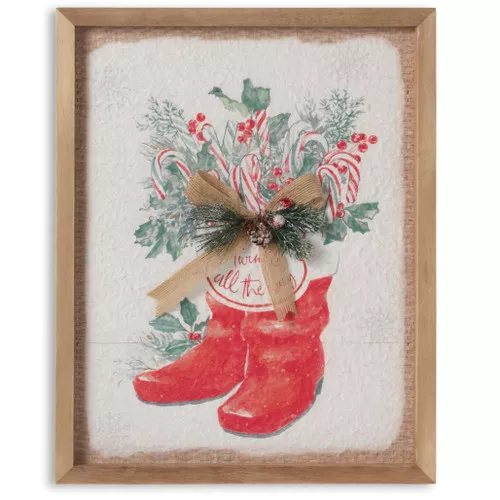 14 inch Santa Boots Wall Decor with Burlap Bow & Pine