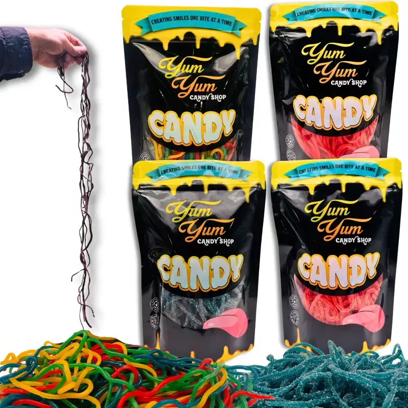 36″ Shoe String Licorice LacesRainbow, Strawberry, Sour Blue Raspberry & Sour Strawberry | Yum Yum Candy Shop