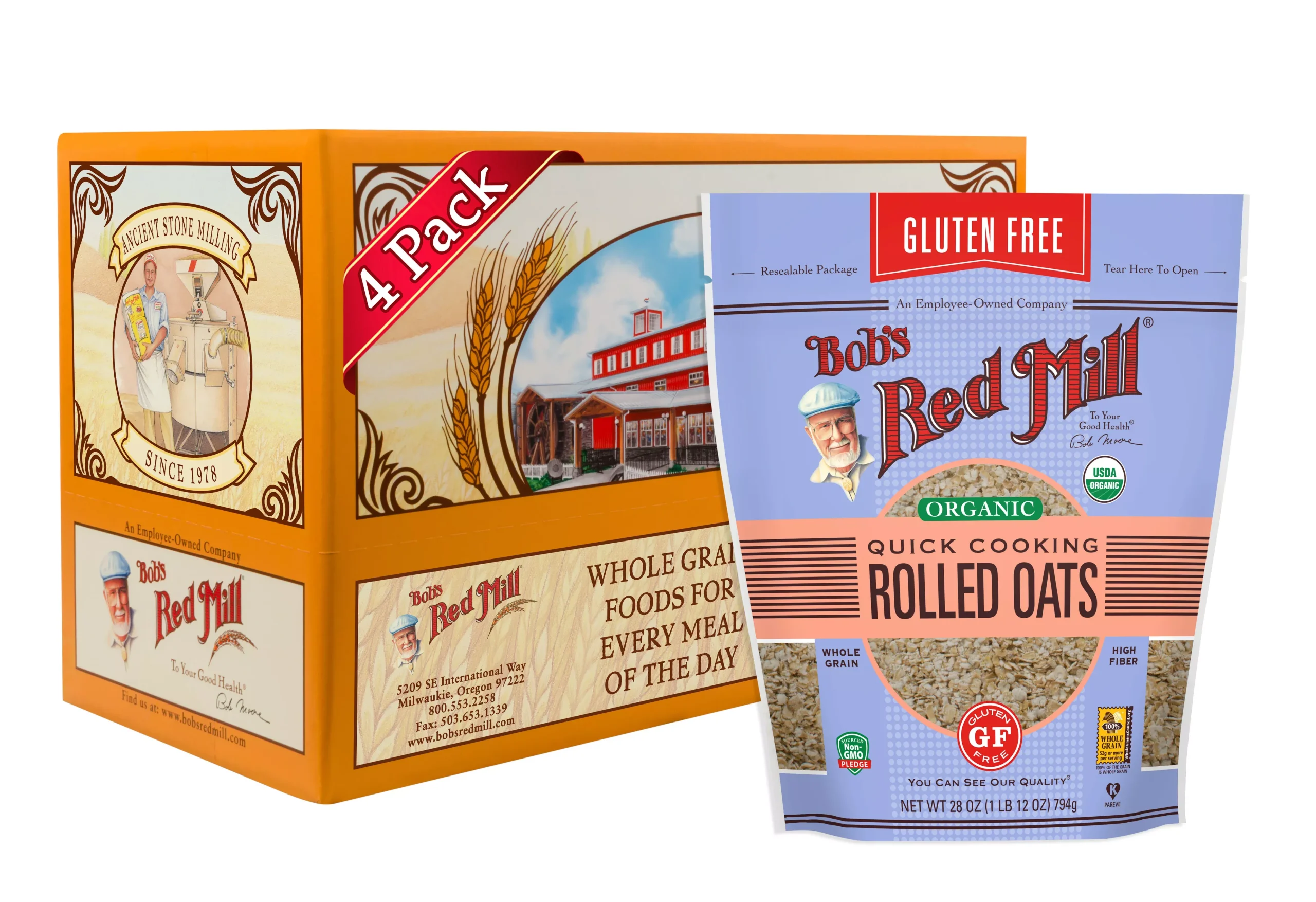 Bob's Red Mill Gluten Free Organic Quick Cooking Rolled Oats 28 Ounce Size - 4 Per Case