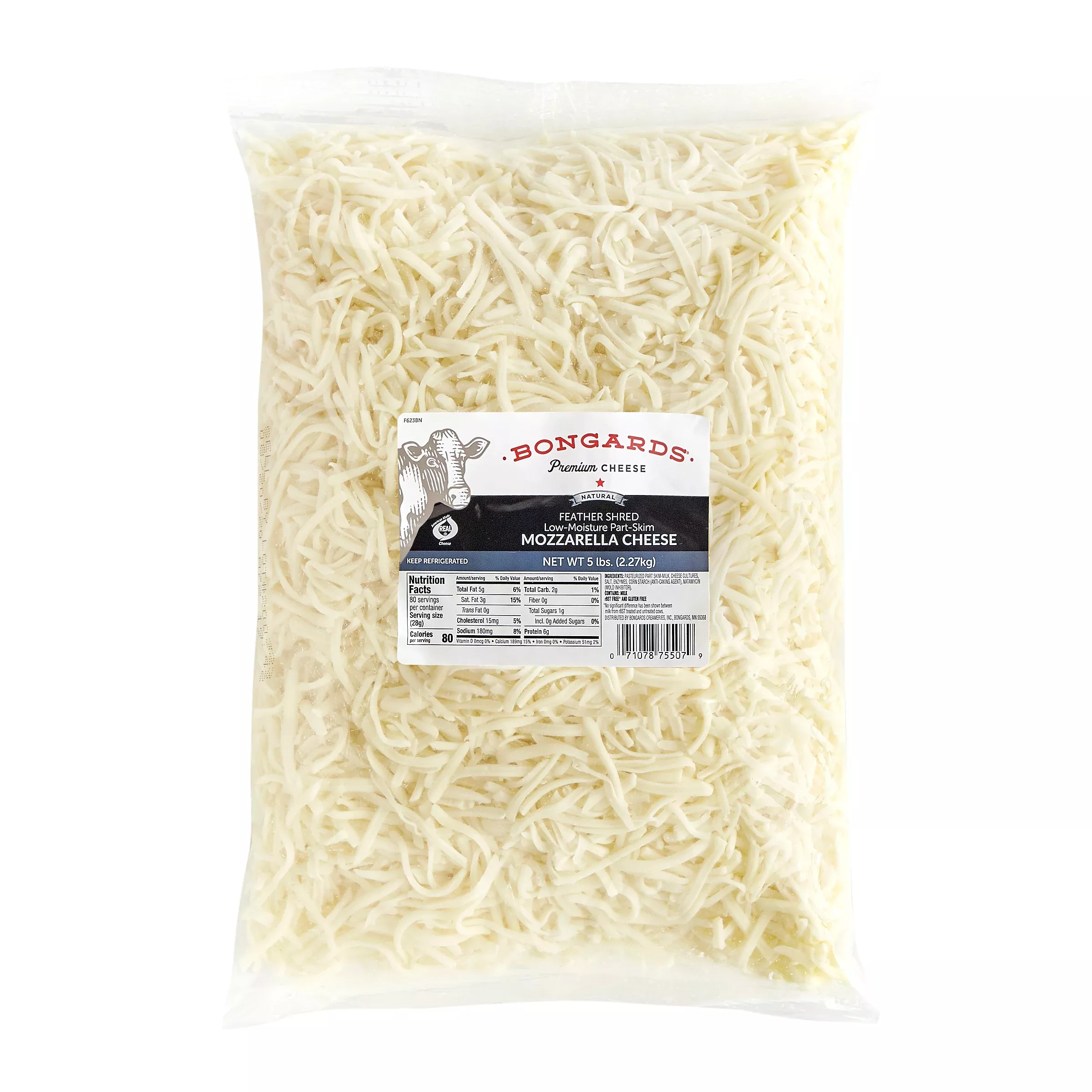 Bongards Cheese Low Moisture Part Skim Mozzarella Feather Shred 5 Pound Each - 4 Per Case