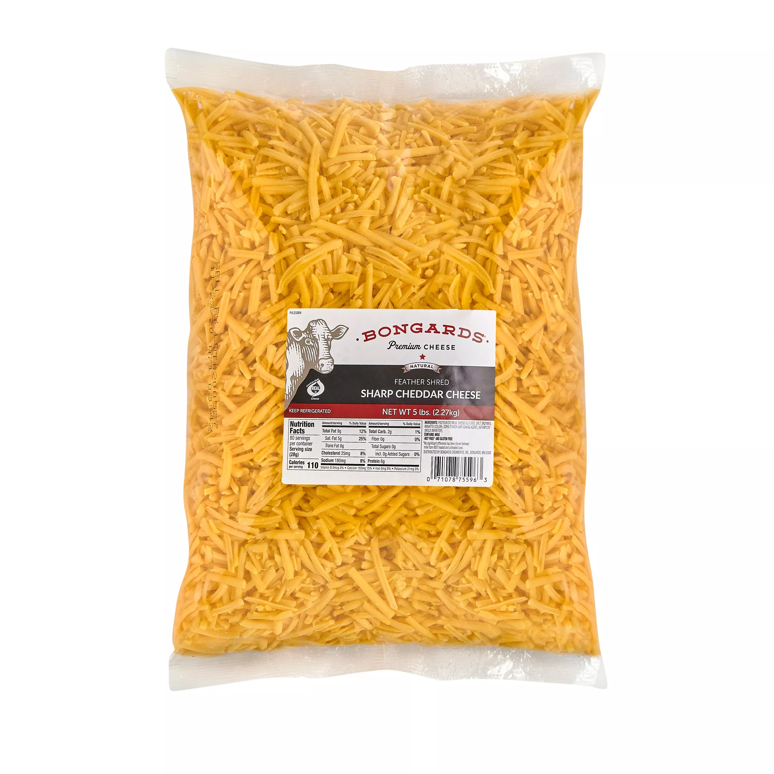 Bongards Cheese Sharp Yellow Cheddar Feathershred 5 Pound Each - 6 Per Case