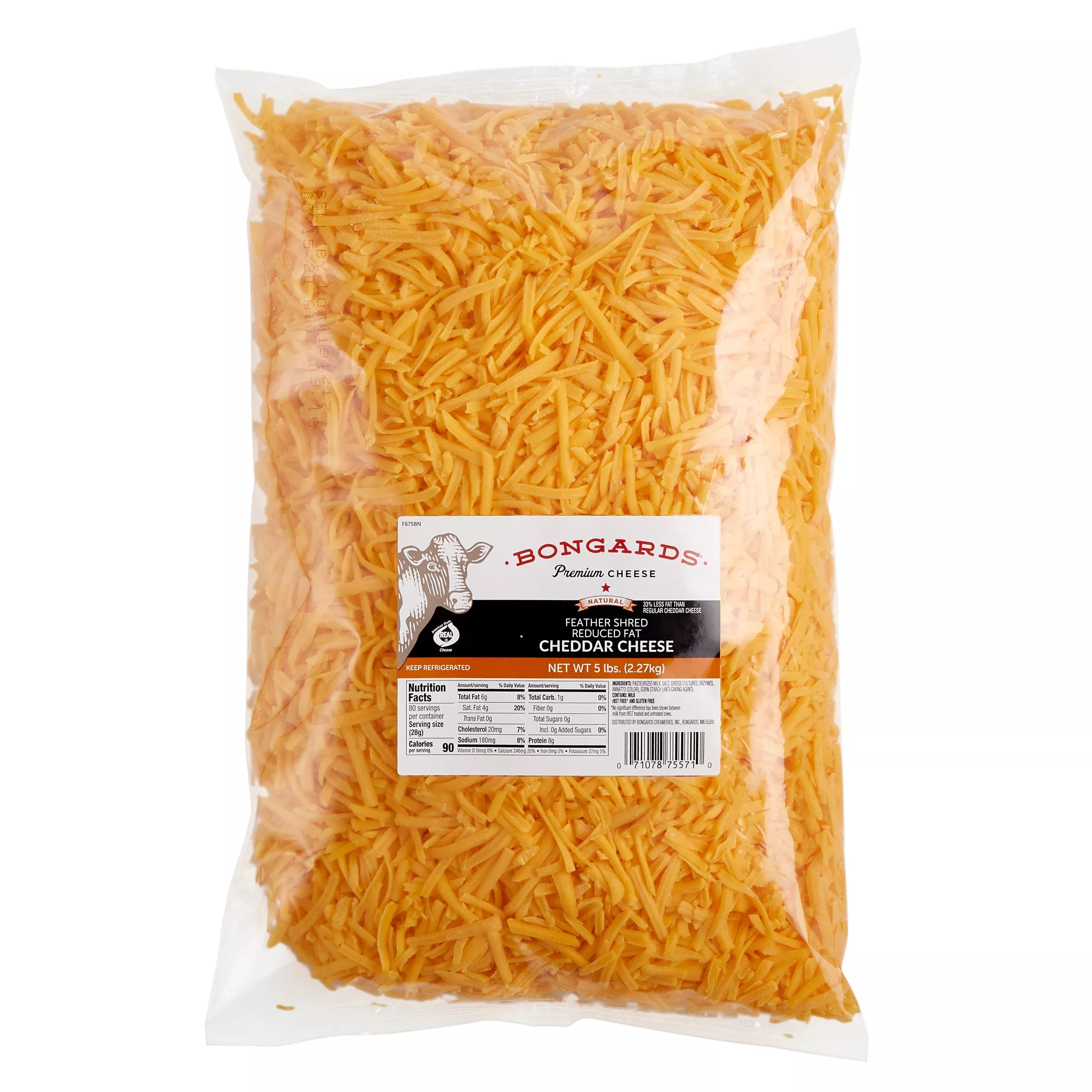 Bongards Cheese Yellow Reduced Fat Cheddar Feather Shred 5 Pound Each - 4 Per Case
