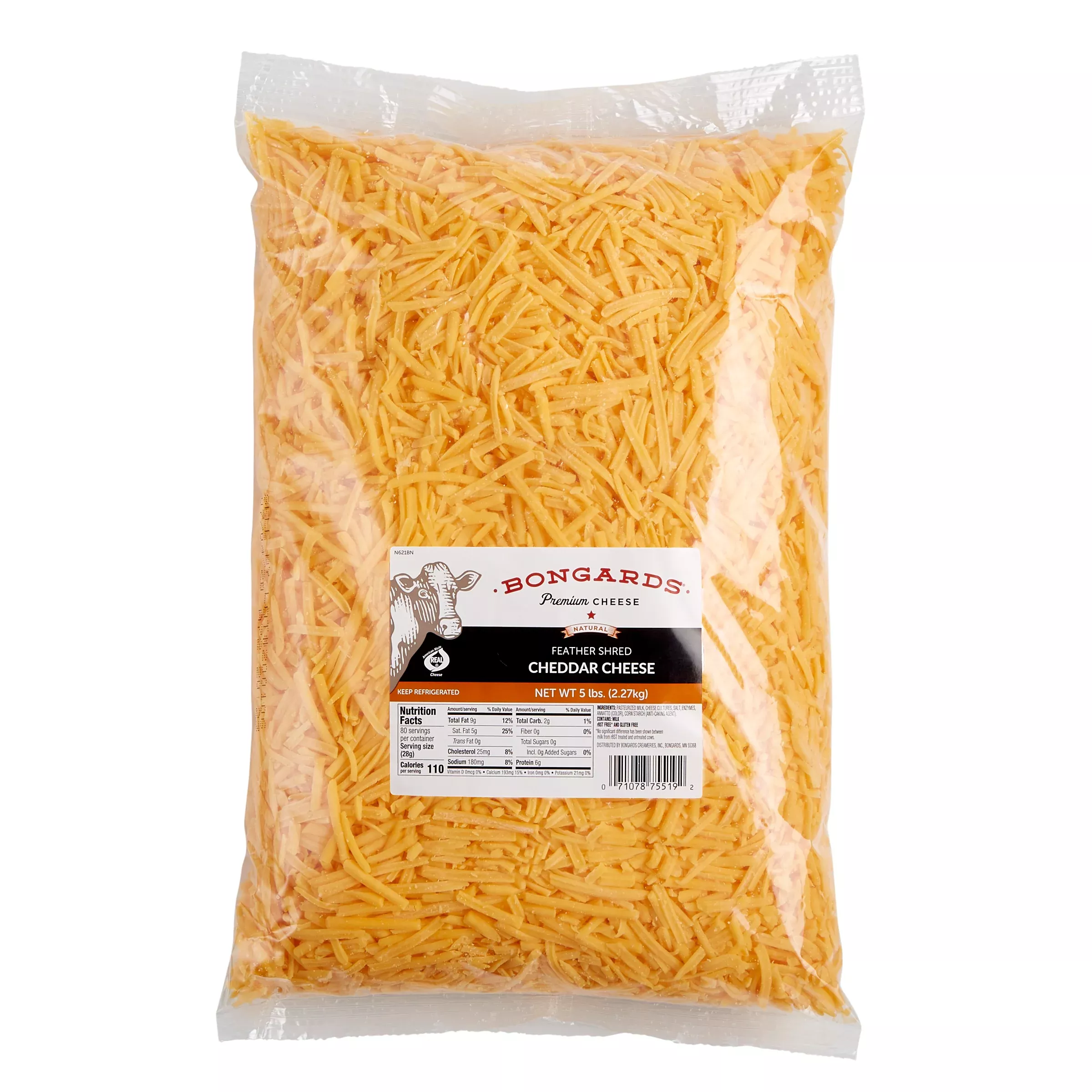 Bongards Yellow Cheese Cheddar Feather Shred 5 Pound Each - 4 Per Case