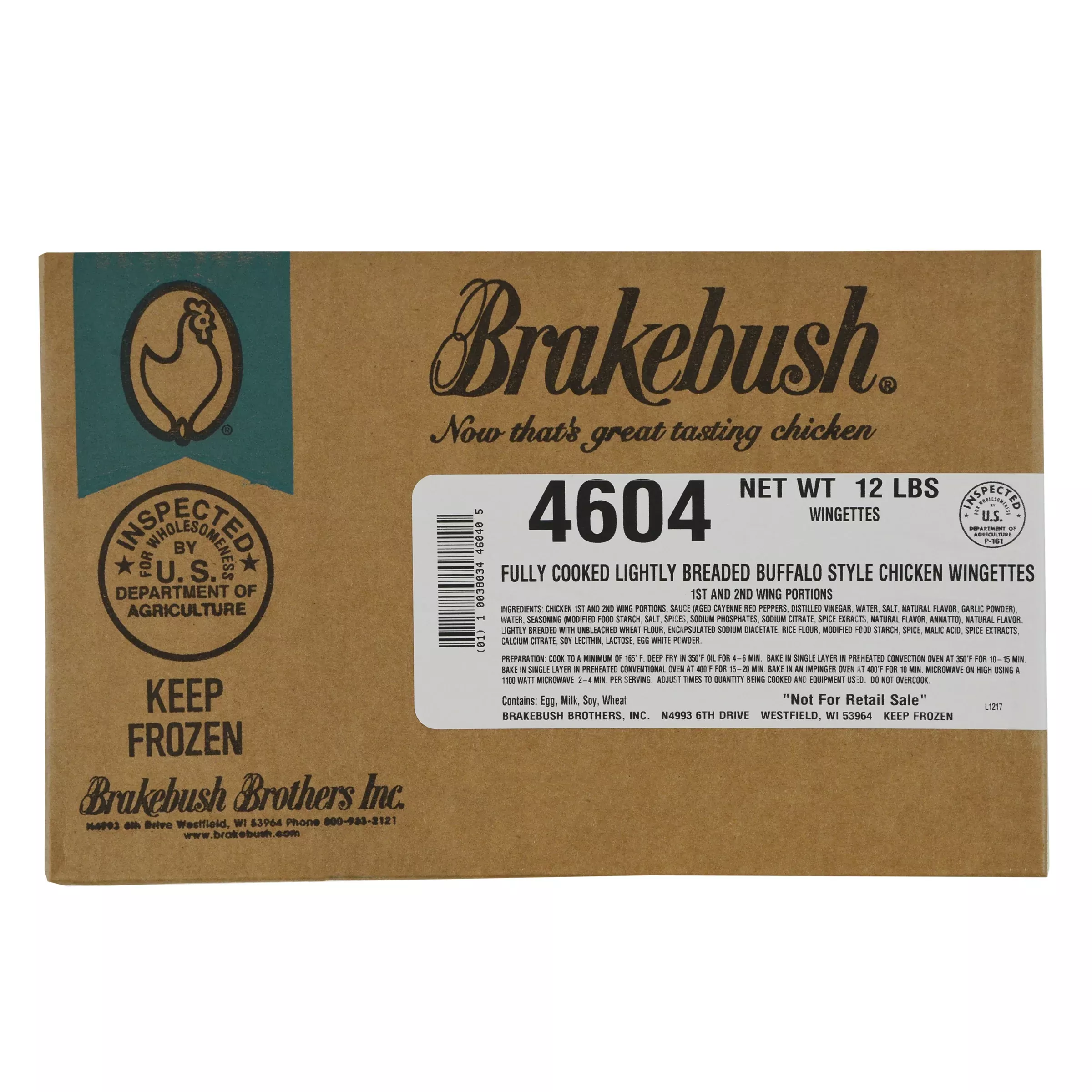 Brakebush Chicken Fully Cooked Buffalo Style Wings 6 Pound Each - 2 Per Case