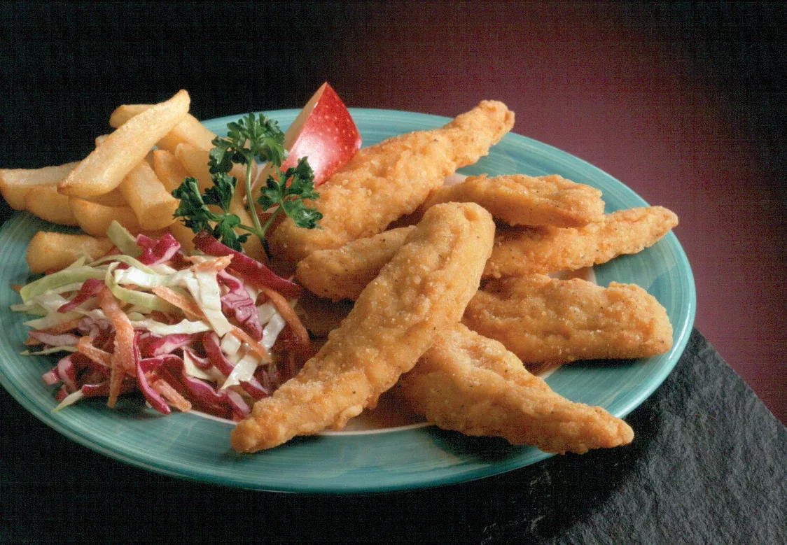 Brakebush Chicken Fully Cooked Smartshapes Gold'n'spice Breaded Breast Strips Avg 5 Pound Each - 2 Per Case