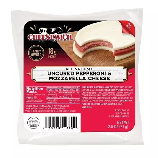 Cheesewich All Natural Slices of Mozzarella Cheese with Slice of Pepperoni in The Middle No Nitr 2.5 Ounce Size - 64 Per Case