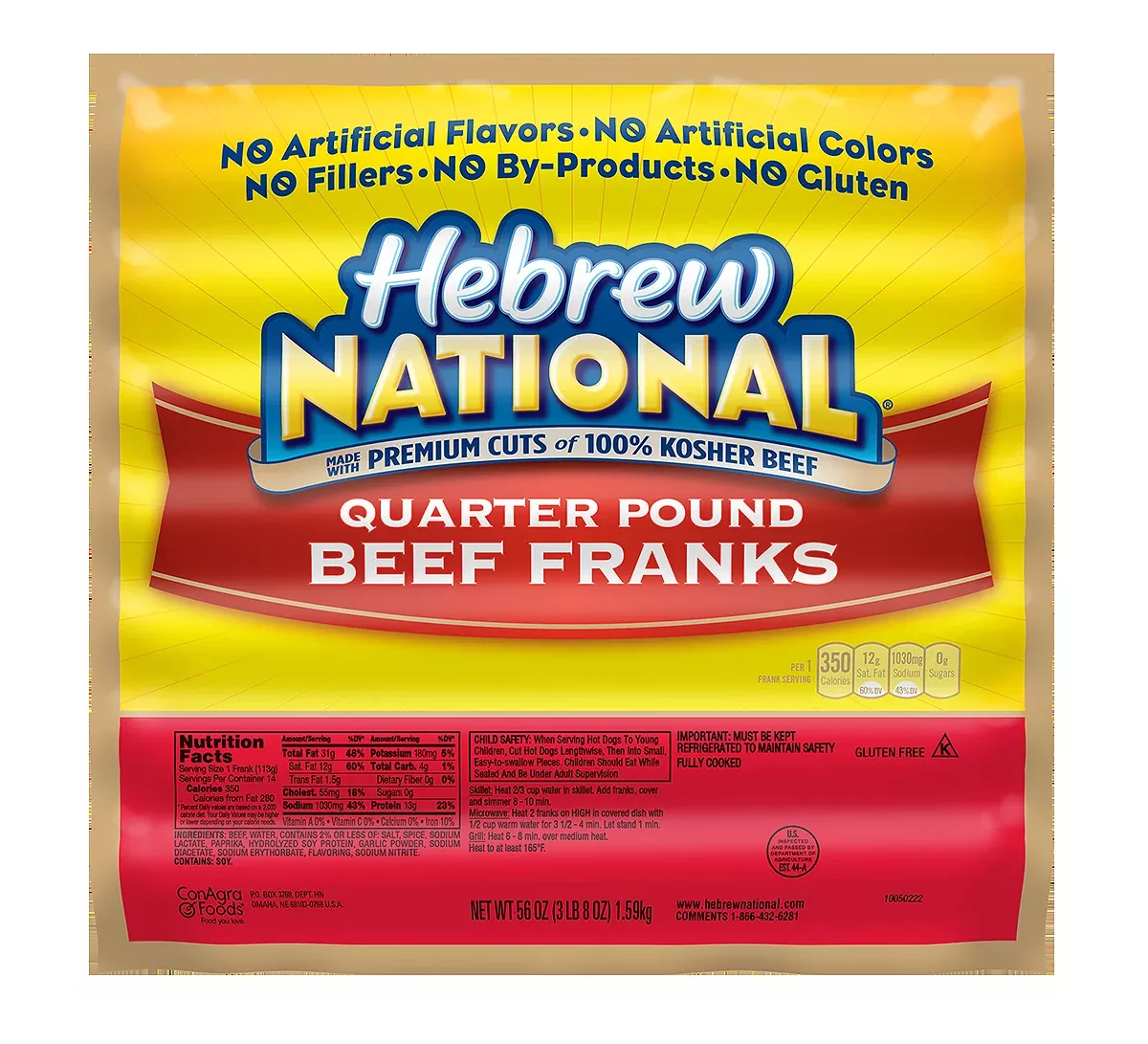 Conagra Hebrew National Hebrew National Quarter Franks 56 Ounce Size - 10 Per Case