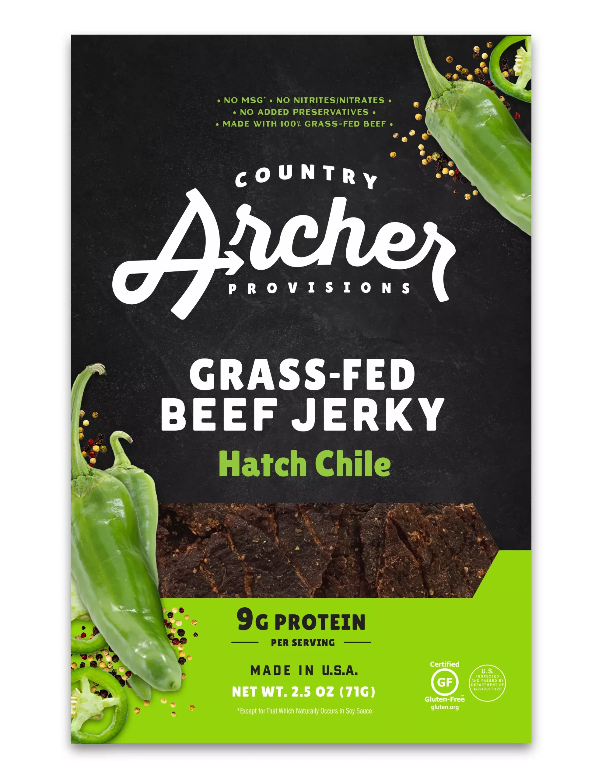 Country Archer Jerky Co Hatch Chile Beef Jerky 2.5 Ounce Size - 12 Per Case