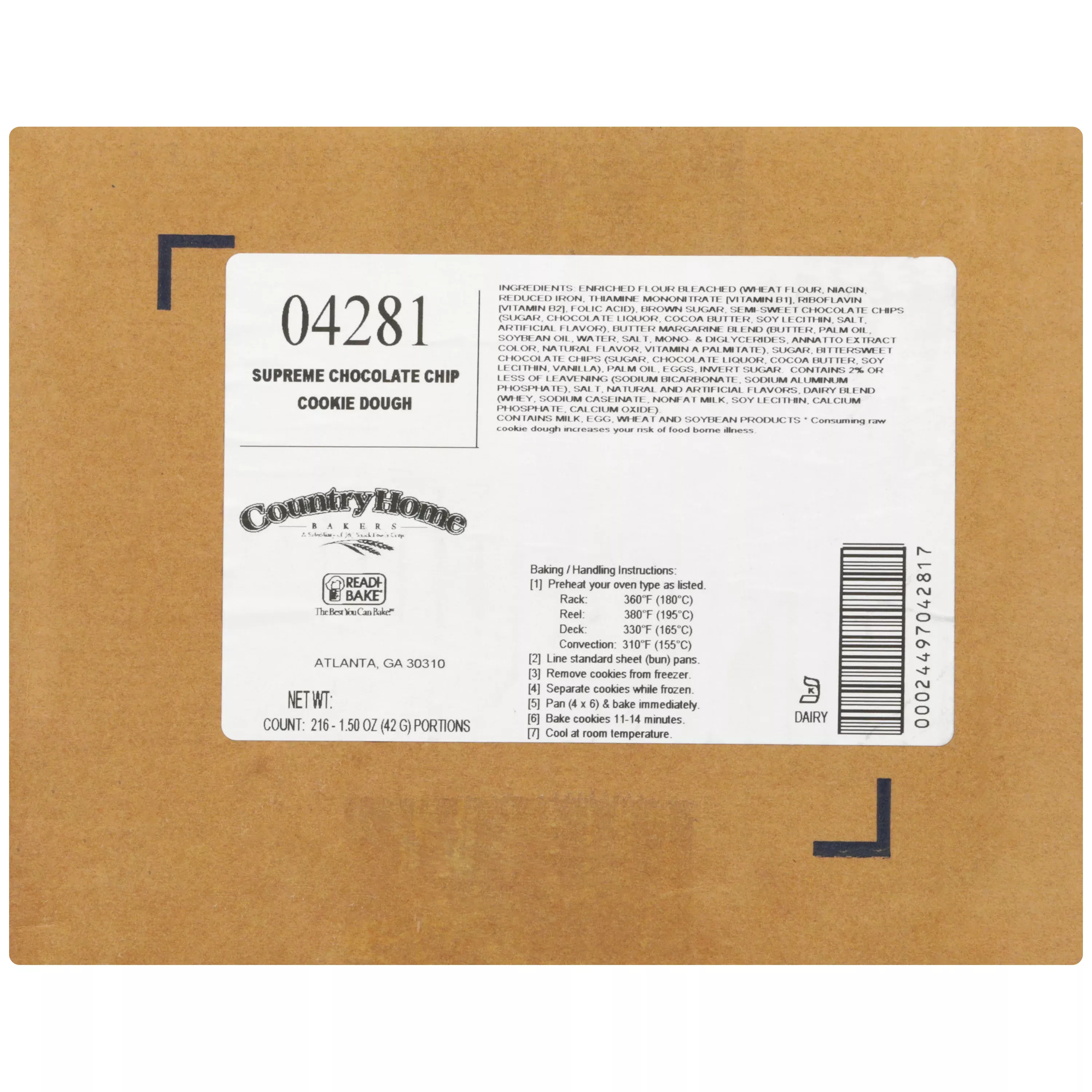 Country Home Bakers Choc Chip Cookie Dough 1.5 Ounce Size - 216 Per Case