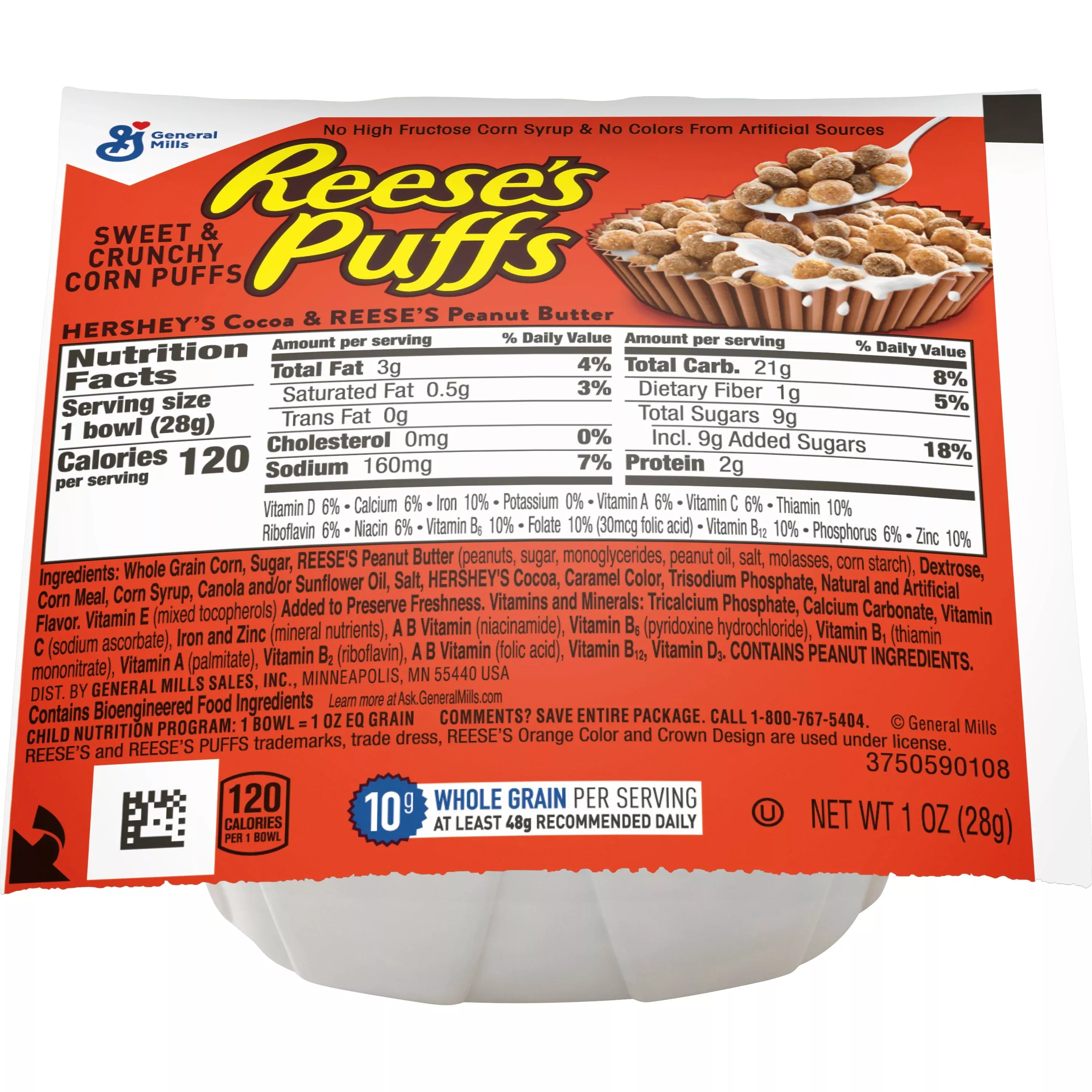 General Mills Reese's Puffs Cereal Single Serve Bowlpak 1 Ounce Size - 96 Per Case