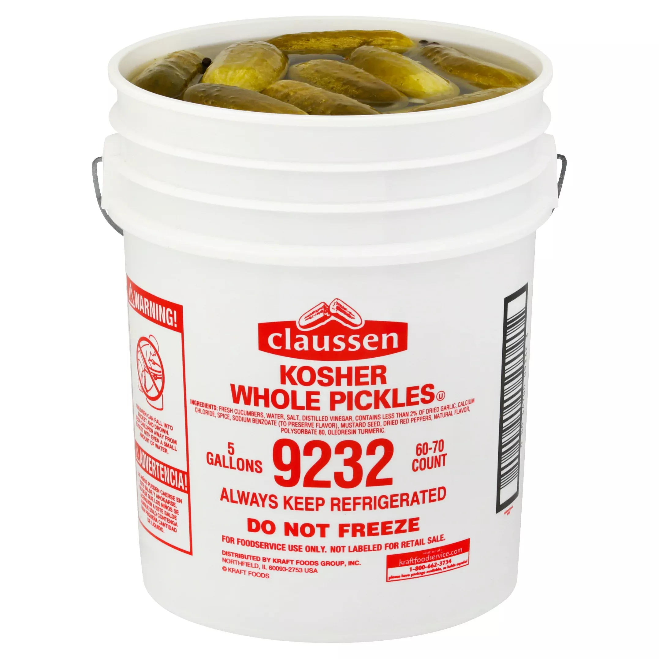 Kraft Heinz Ref Claussen Whole Dill Pickles 5 Gallon. Pail 60-70 Count
