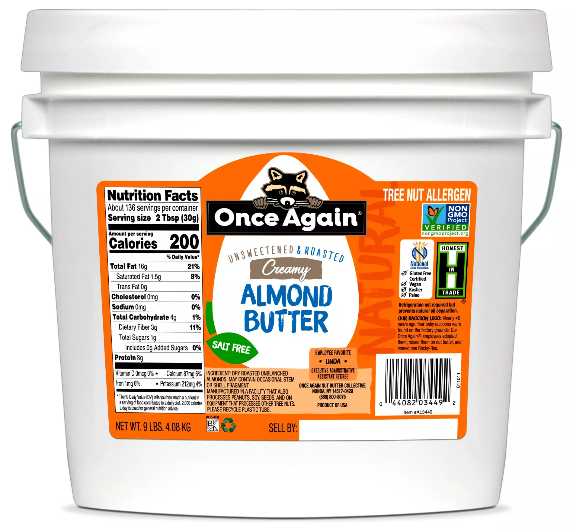 Once Again Nut Butter Natural Almond Buttersmooth 9 Pound Each - 1 Per Case