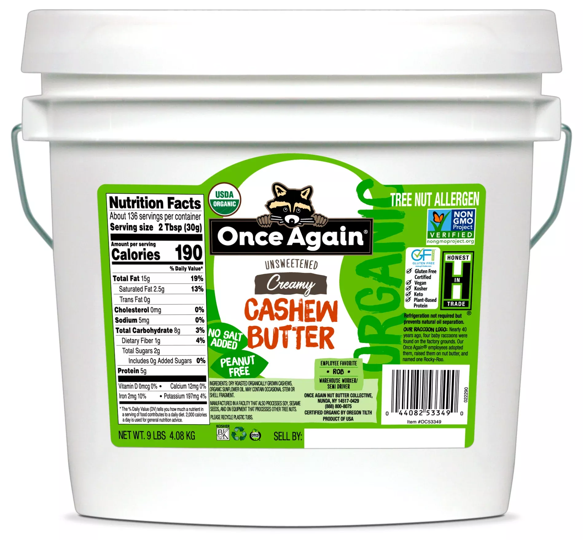 Once Again Nut Butter Organic Cashew Butter 9 Pound Each - 1 Per Case