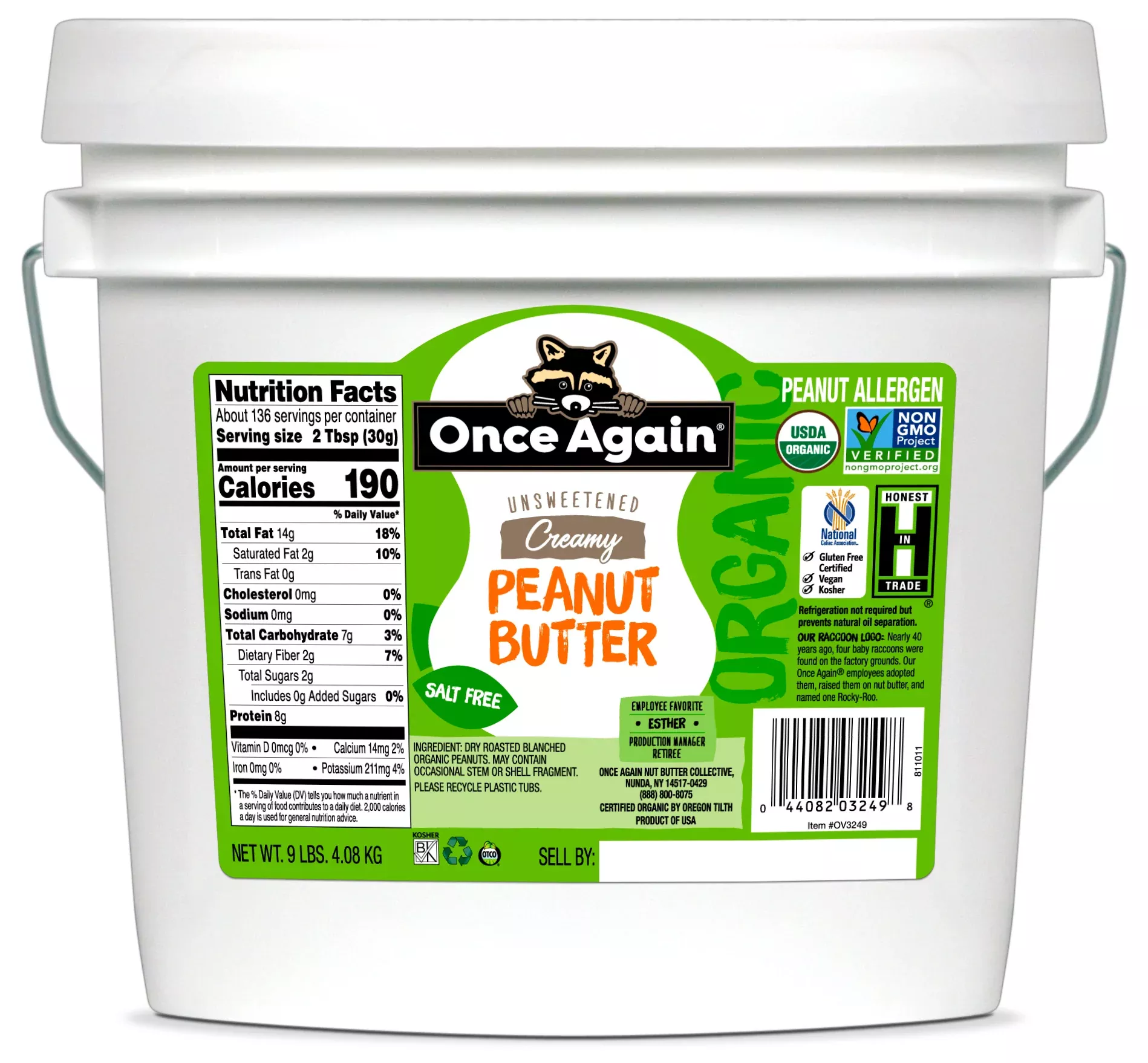 Once Again Nut Butter Organic Smooth No Saltpeanut Butter 9 Pound Each - 1 Per Case