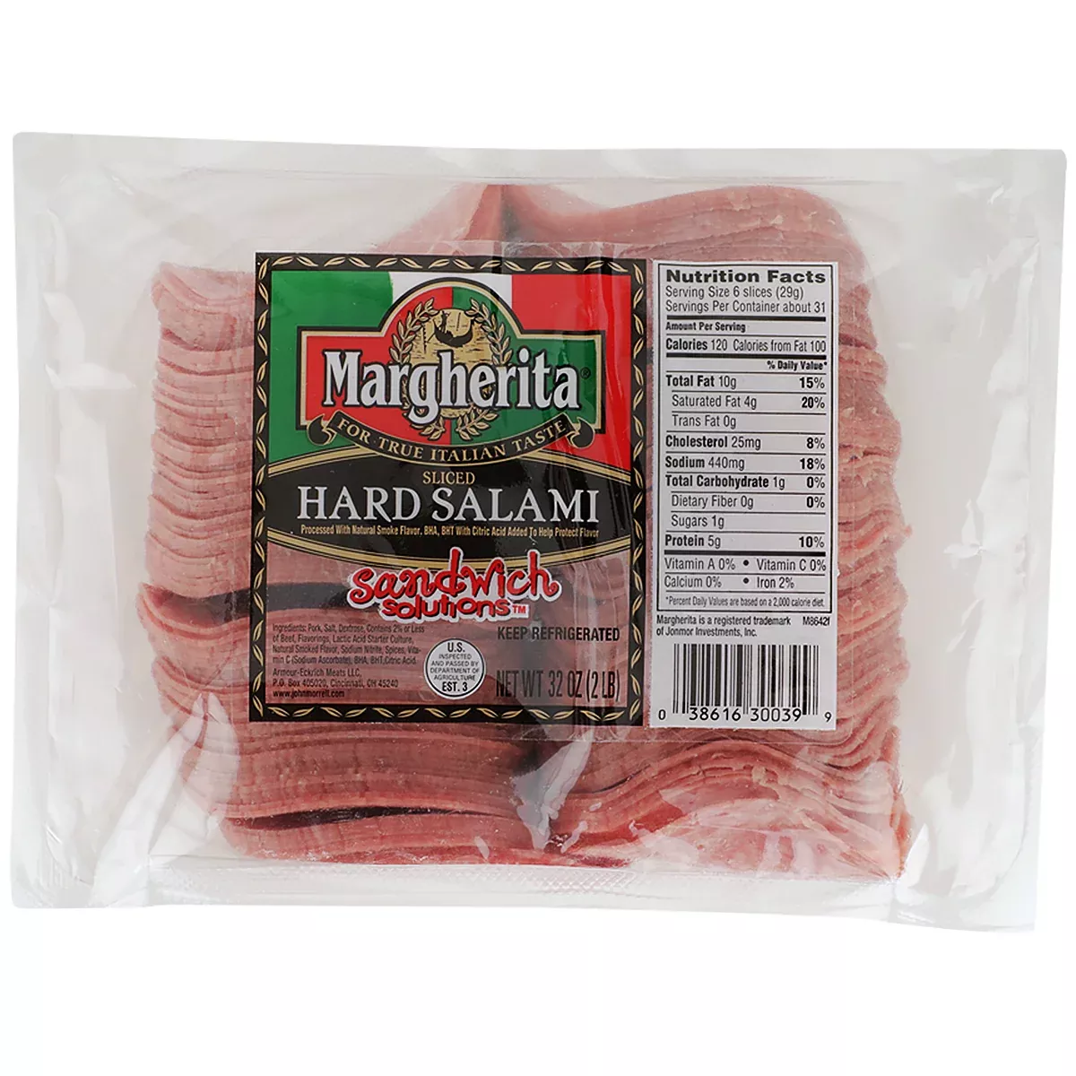 Smithfield Refrigerated Salami Sliced Hard Margherita Sandwich Solution 2 Pound Each - 8 Per Case