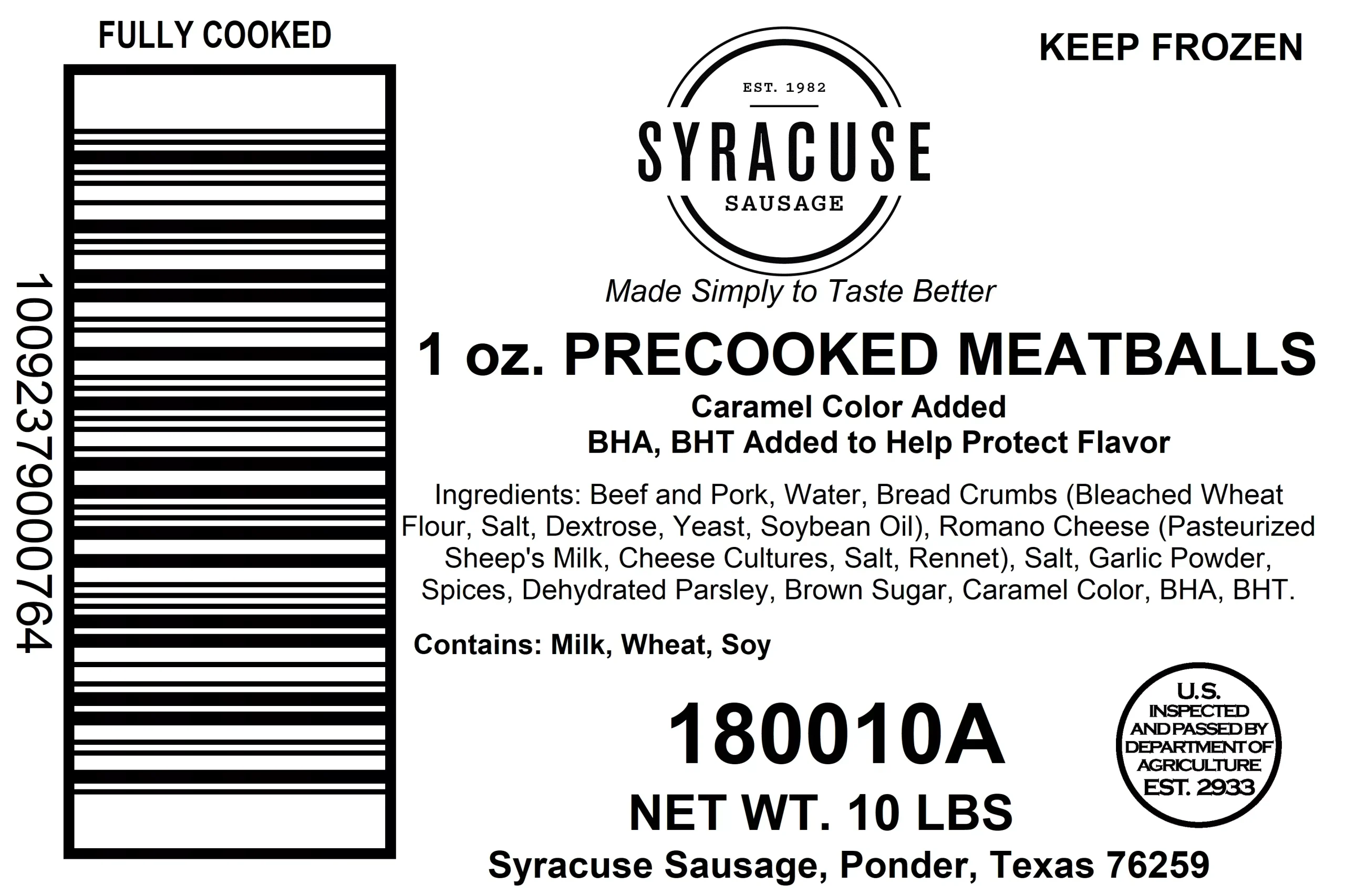 Syracuse Sausage Precooked Meatballs 10 Pound Each - 1 Per Case