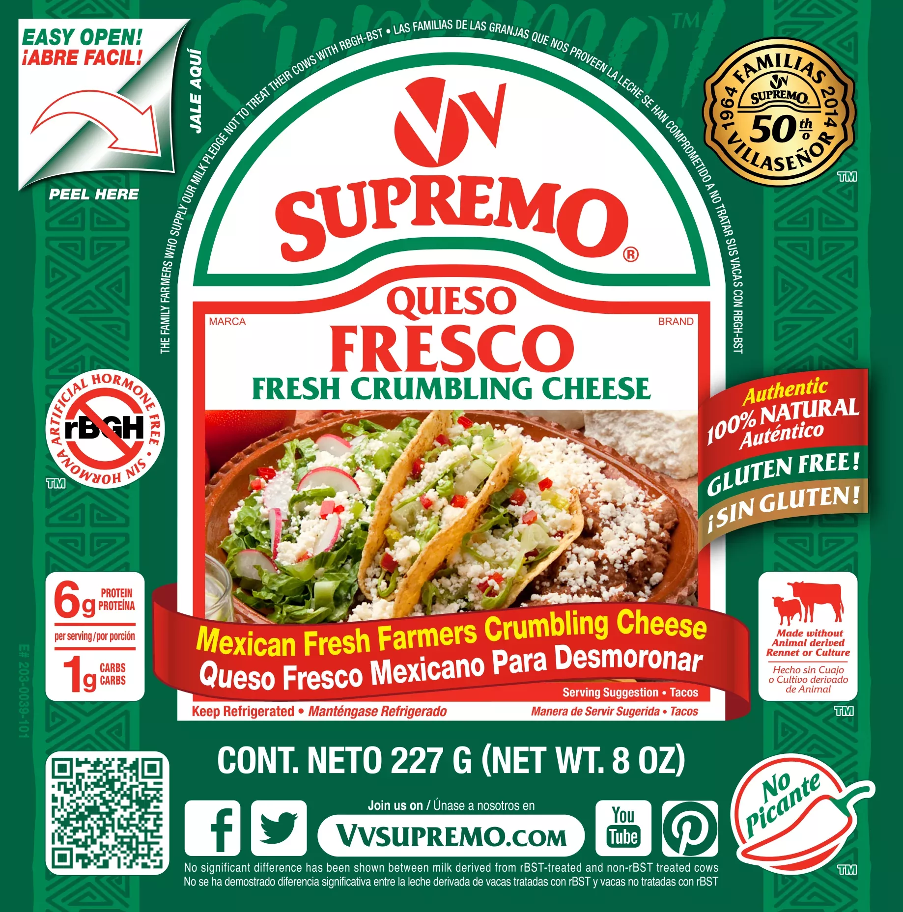 V&v Supremo Retail Supremo Queso Fresco Fresh Crumbling Cheese 8 Ounce Size - 12 Per Case