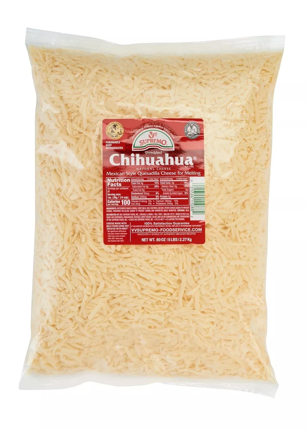 V&v Supremo Shredded Queso Chihuahua 5 Pound Each - 4 Per Case
